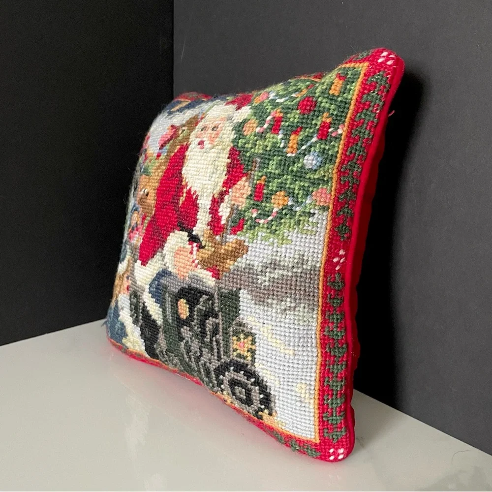 Santa on a Train Holiday Needlepoint Pillow